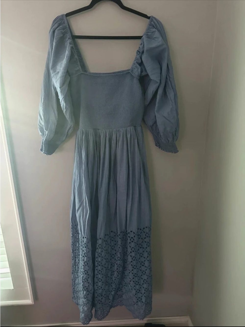 Free People Sky Blue Puff-Sleeve Eyelet Maxi Dress